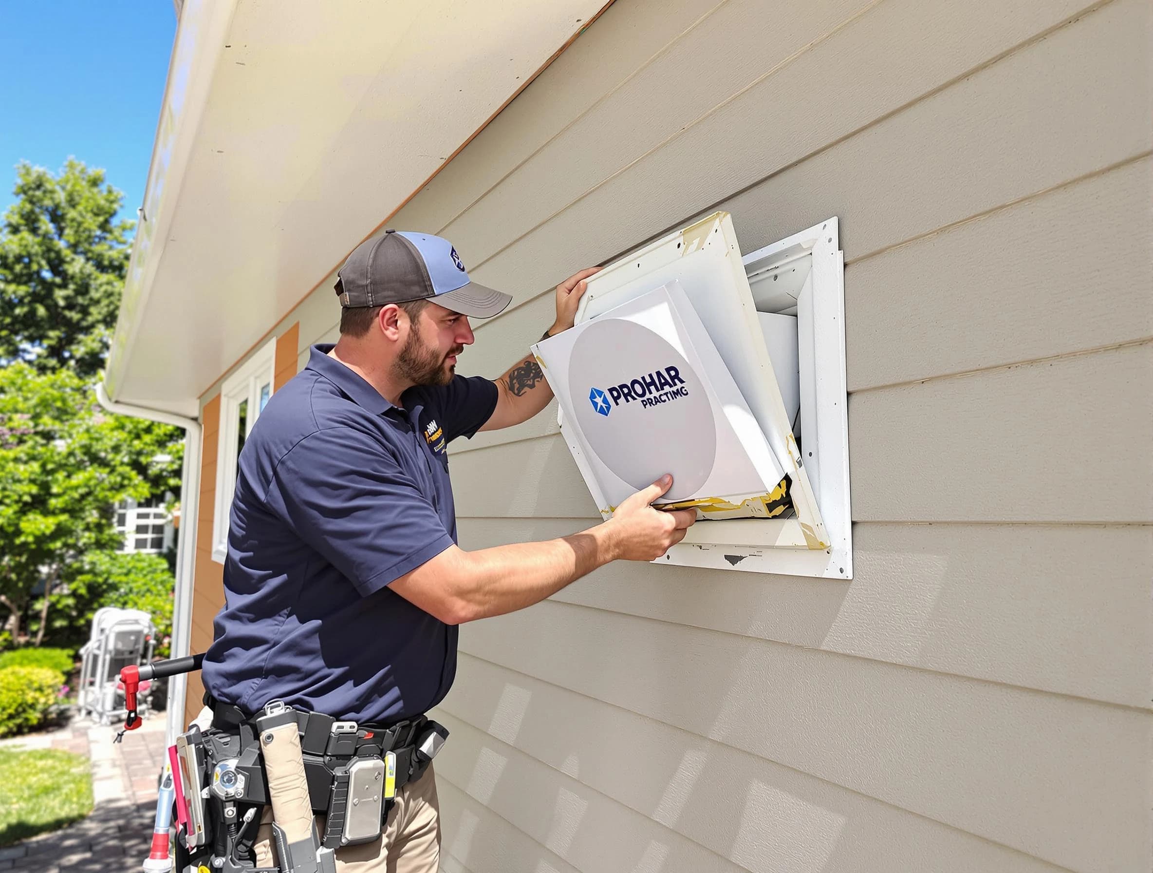 Jurupa Valley Dryer Vent Cleaning technician installing a new protective dryer vent cover on a home in Jurupa Valley