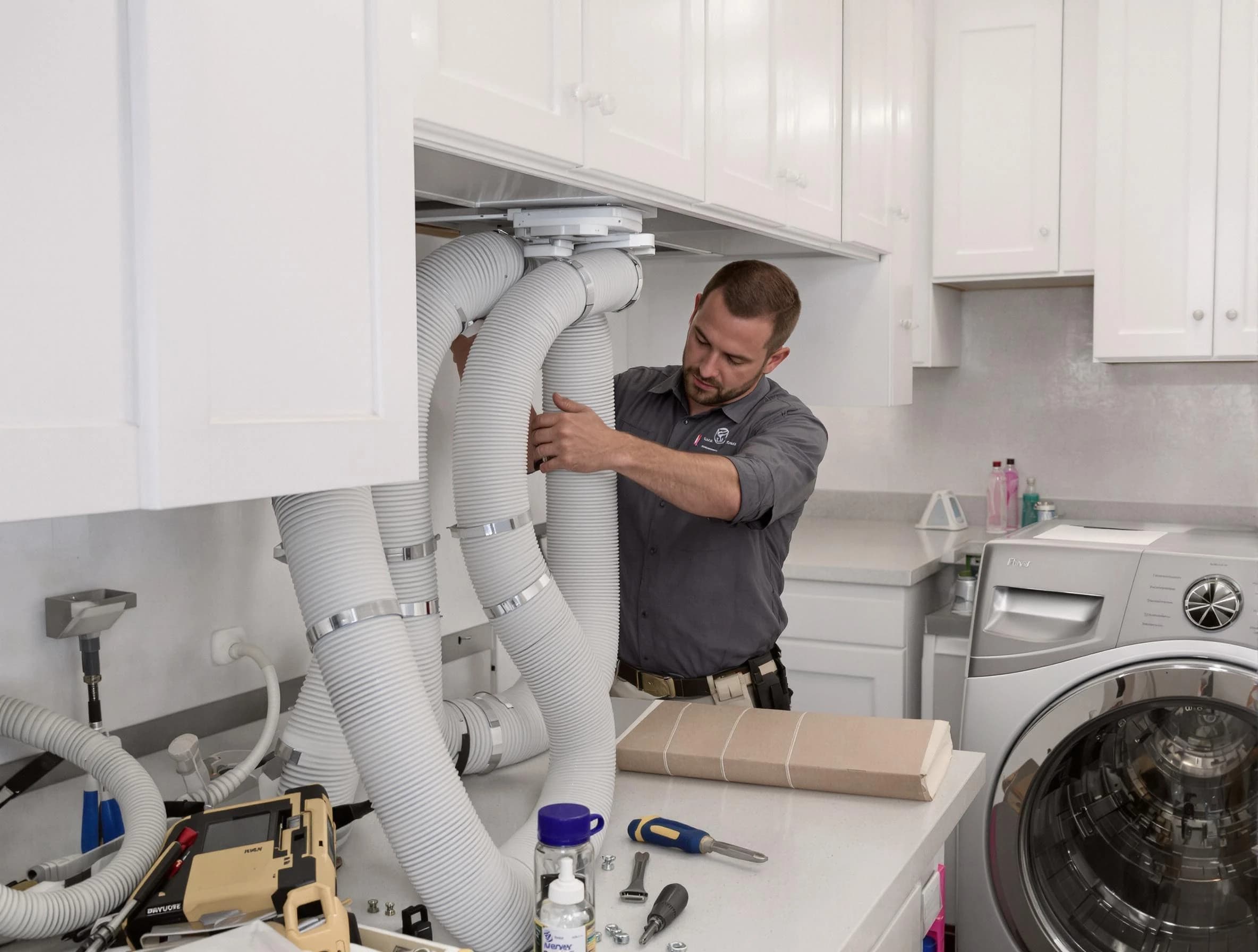 Jurupa Valley Dryer Vent Cleaning technician installing a new professional-grade dryer vent hose in Jurupa Valley