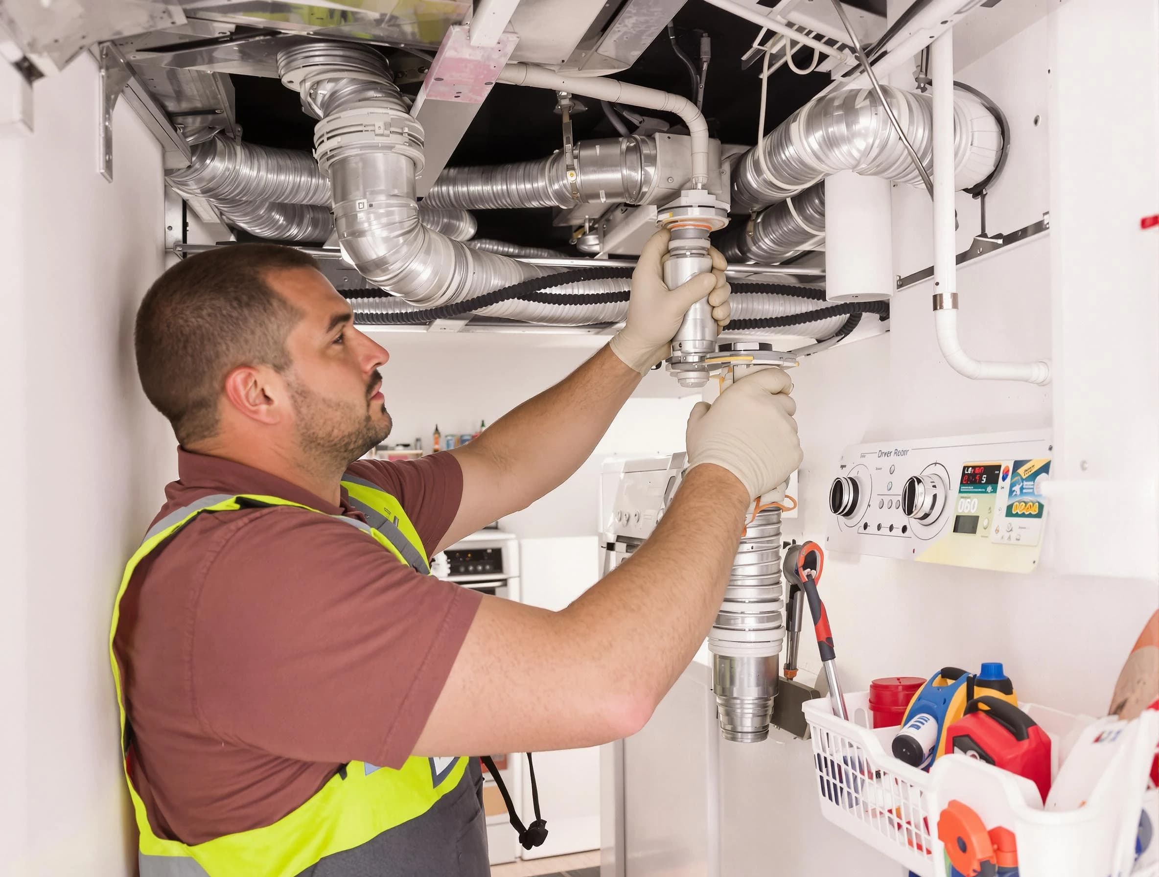 Jurupa Valley Dryer Vent Cleaning expert performing both repair and installation work on a dryer vent system in Jurupa Valley