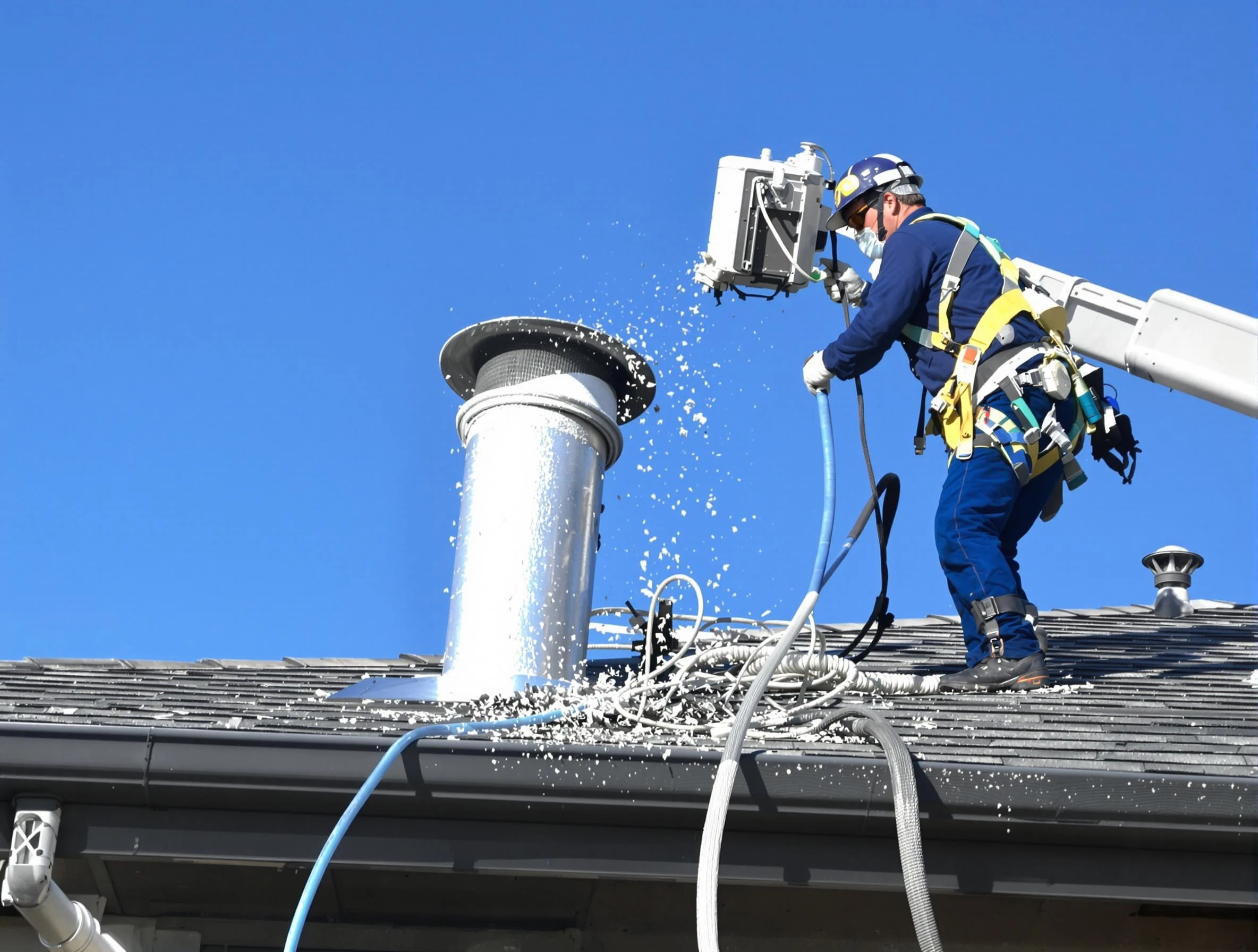 Jurupa Valley Dryer Vent Cleaning certified technician safely cleaning a roof-mounted dryer vent in Jurupa Valley