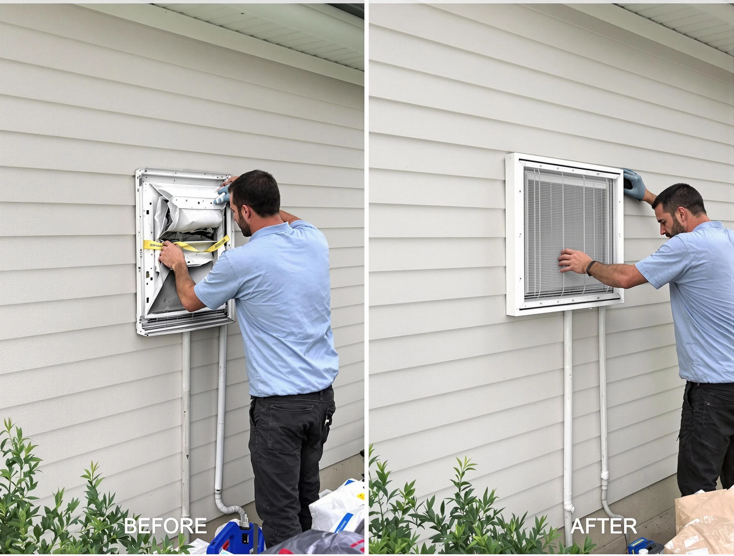 Jurupa Valley Dryer Vent Cleaning technician installing high-quality dryer vent cover at a residential property in Jurupa Valley